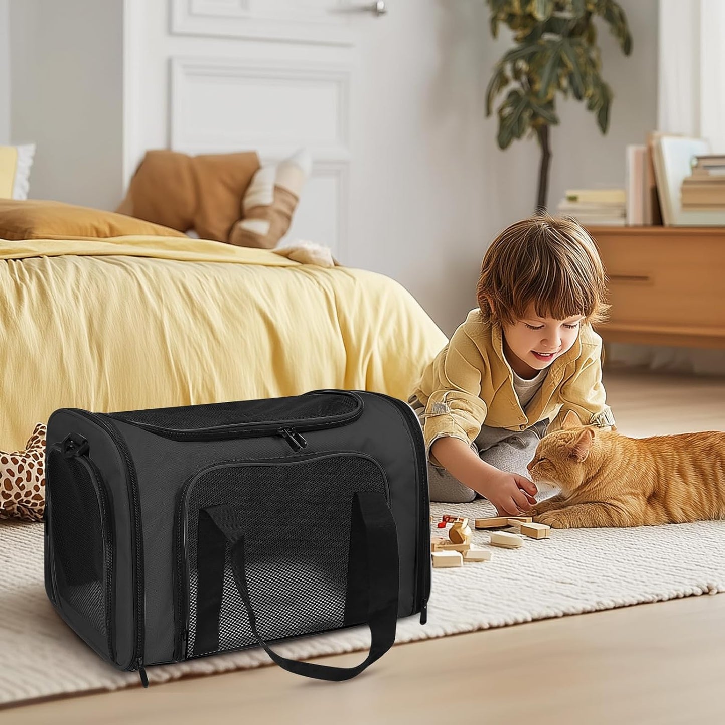 Airline Approved Pet Carrier for Cats & Small Dogs – Soft Sided Travel Bag 17"x11"x11", Portable Collapsible Under Seat Pet Carrier with Mesh Windows & Shoulder Strap, Black