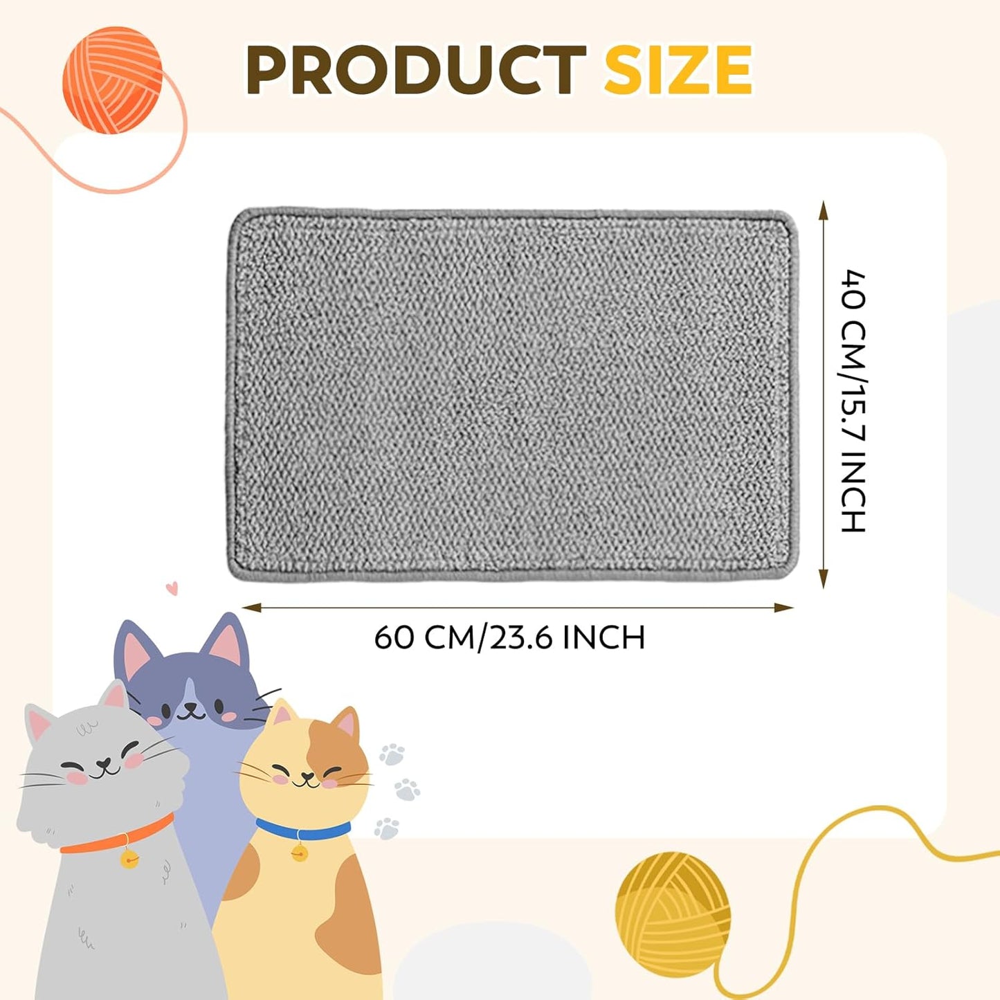 Cat Scratcher Mat with Sticky Tapes, 23.6" x 15.7" Sisal Cat Scratching Carpet for Indoor Cats, Stick on Floor and Wall Cat Scratch Pad Rug(Gray)