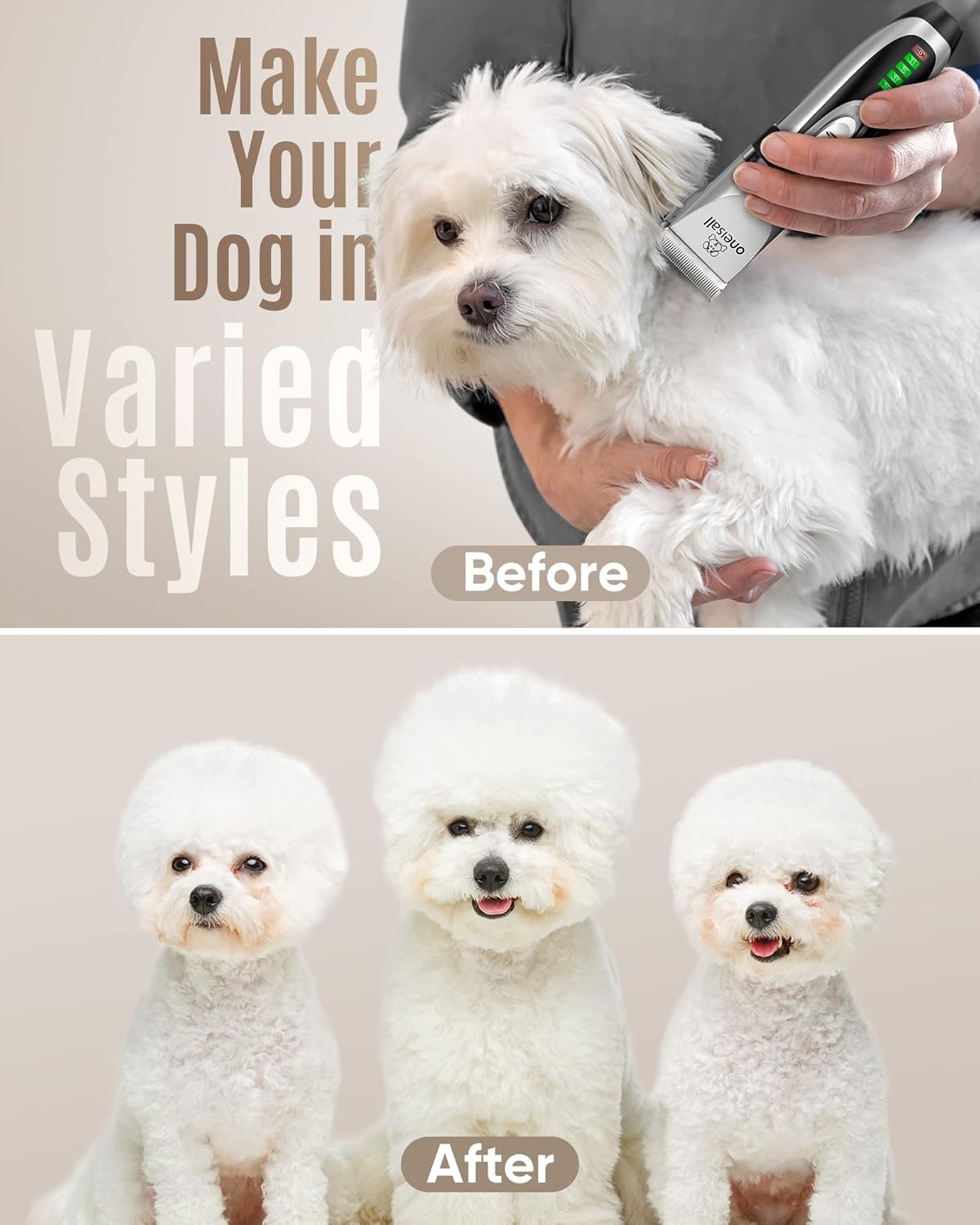 oneisall Low Noise 2-Speed Quiet Dog Grooming Kit - Rechargeable Cordless Pet Hair Clipper Trimmer Shaver for Small and Large Dogs, Cats and Animals (Silver)