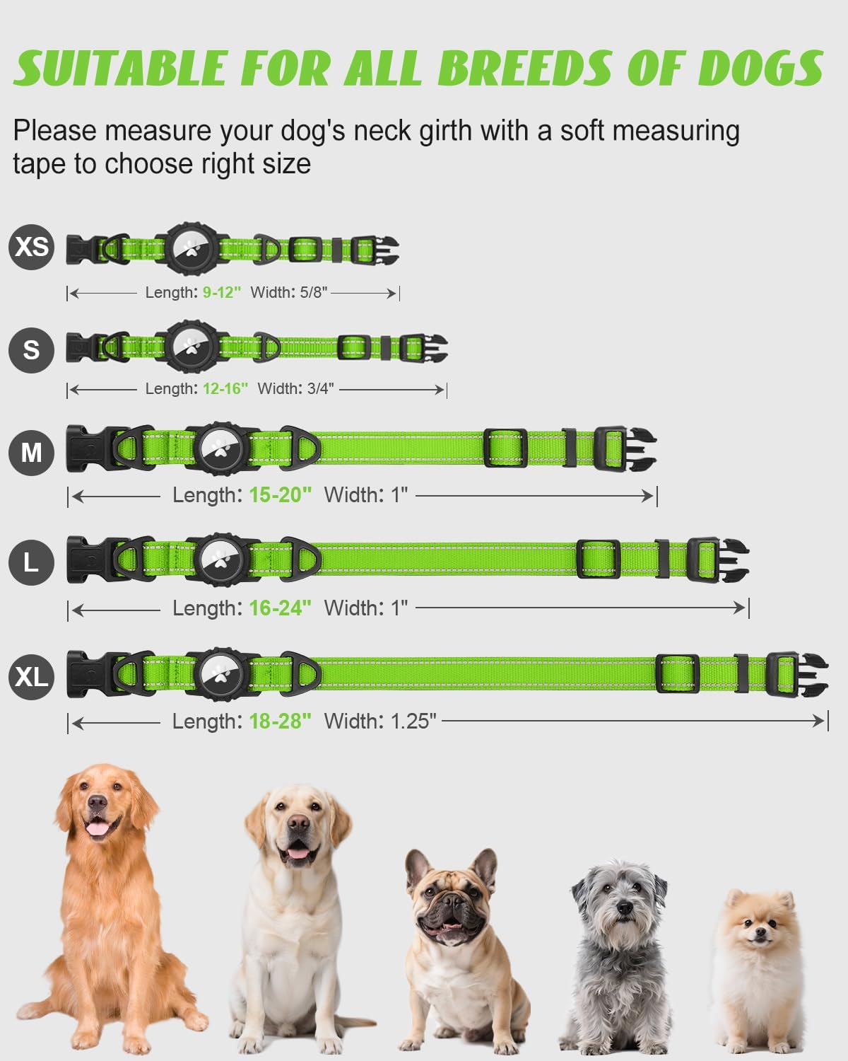 Joytale Airtag Dog Collar, Reflective Pet Collar with Waterproof AirTag Holder, Dual D-Rings, Soft Padded Adjustable for Extra Small and Puppy Dogs, Green, XS