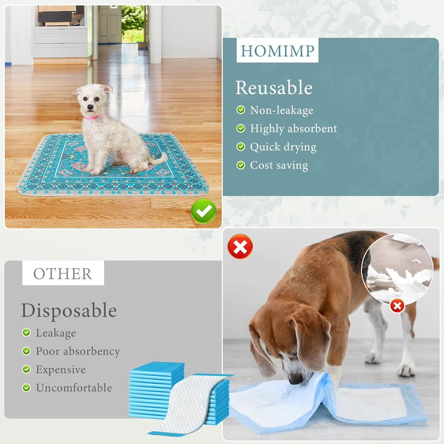 Homimp Washable Pee Pads for Dogs, 8 Pack Reusable Puppy Pads Waterproof, Absorbent and Leakproof Dog Pee Pads, Non Slip Puppy Training Pads, Pet Mat for Floor, Crate, Couch, Whelping,Blue, 16"x20"