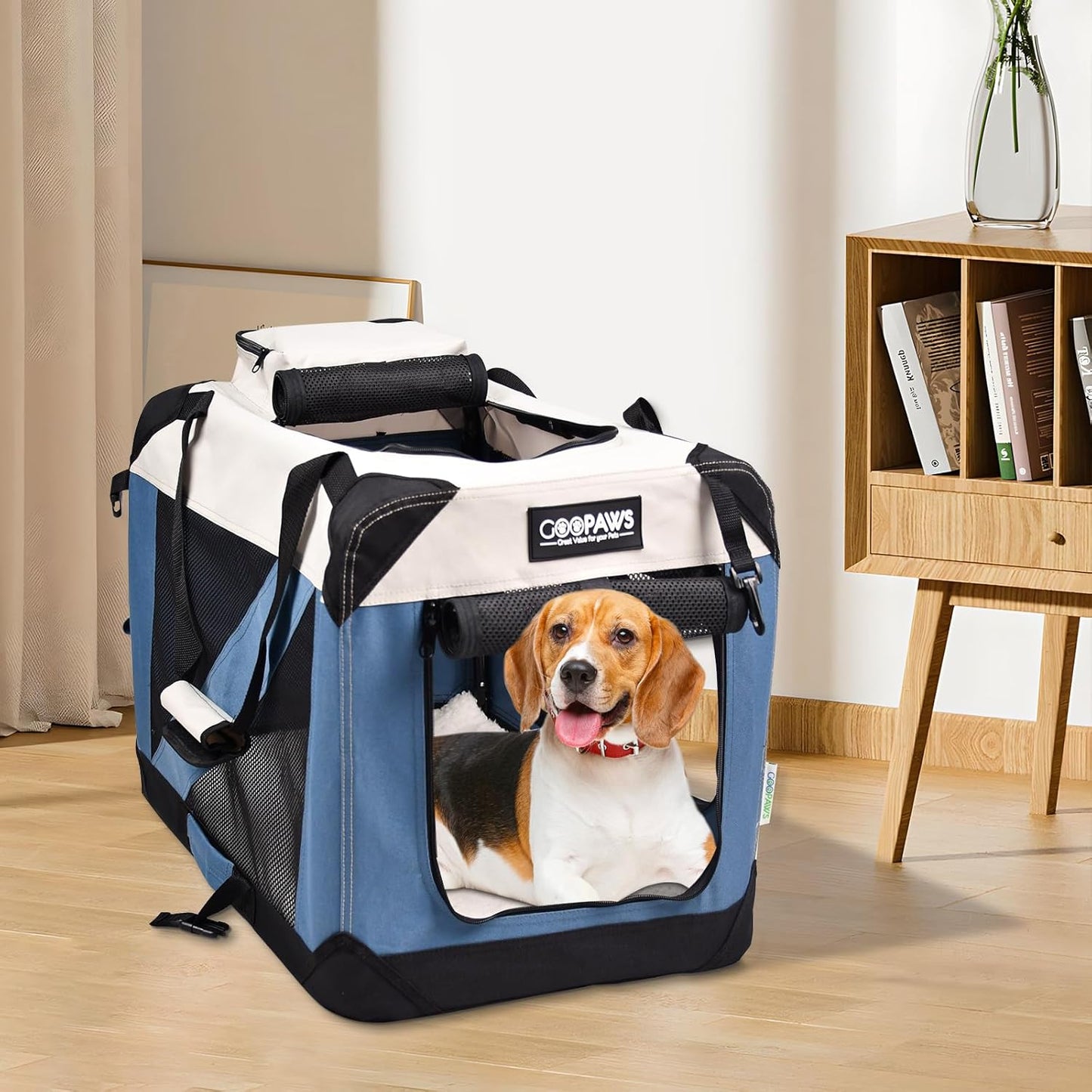 JESPET Soft Dog Crates Kennel for Pets, 3 Door Soft Sided Folding Travel Pet Carrier with Straps and Fleece Mat for Dogs, Cats(6-Lake Blue, Small(24" L x 16.5" W x 16.5" H))