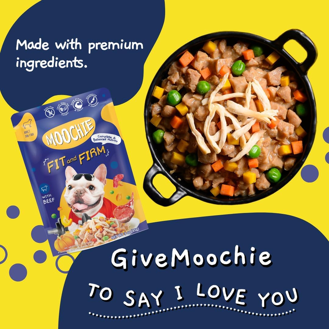 MOOCHIE Grain Free Small Dogs Wet Dog Food - Fit and Firm - Real Beef & Vegetables - No Artificial Flavors or Preservative - 12 x 3 oz Pouch