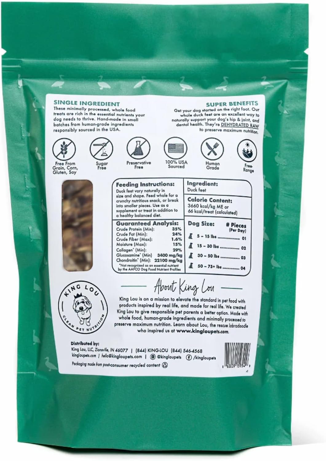 King Lou Pets - Whole Duck Feet for Dogs - Dehydrated Duck Dog Treats - USA-Made Dental Treats for Dogs - Collagen, Glucosamine, Chondroitin for Hip and Joint Health - 10 Count