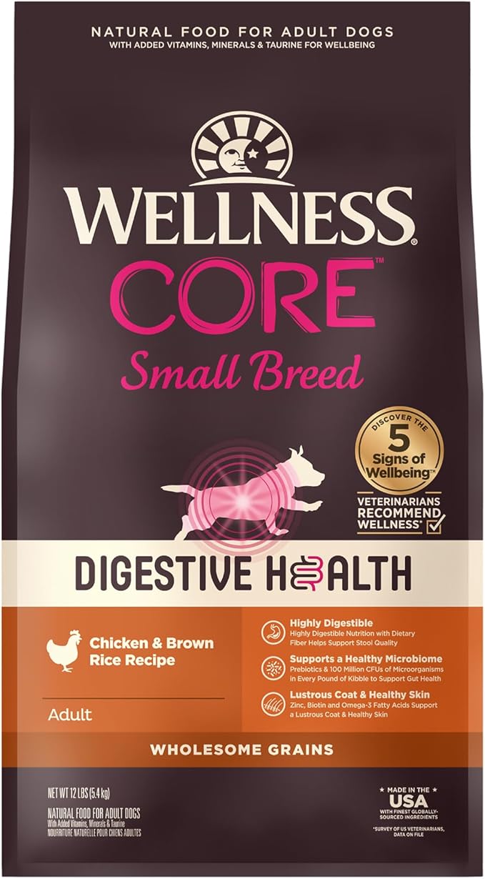 Wellness CORE Digestive Health Dry Dog Food, Small Breed, Wholesome Grains, Natural, Recipe for Dogs with Sensitive Stomachs, Chicken, (12-Pound Bag)