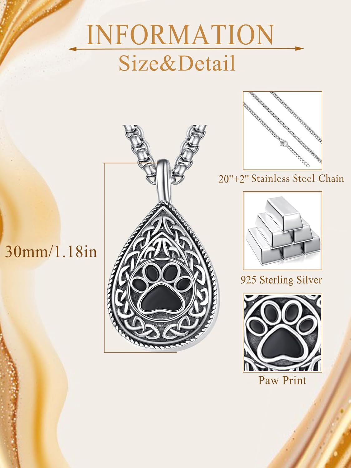 Pet Cremation Urn Necklace for Dog Cat Ashes 925 Sterling Silver Paw Print Keepsake Pendant Celtic Knot Memorial Jewelry for Women Men
