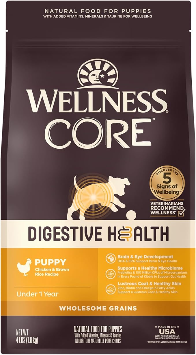 Wellness CORE Digestive Health Puppy Dry Dog Food, Wholesome Grains, Natural, Recipe for Dogs with Sensitive Stomachs, Recipe, (4-Pound Bag)
