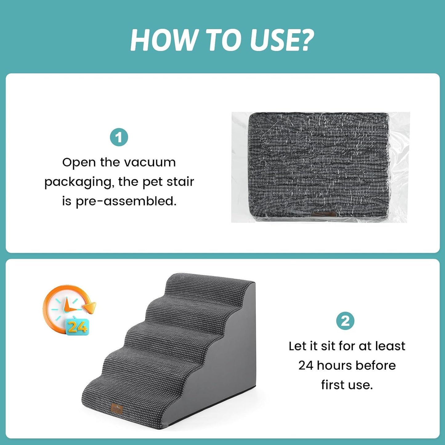 Extra Wide Dog Stairs 19.7" Width, Large Pet Step for Small Medium Dog, Puppy or Cat, Ramp for High Bed or Car, High Density Foam Ladder, Stable, 5 Step, 19.7x33x22.4 in, Charcoal Grey