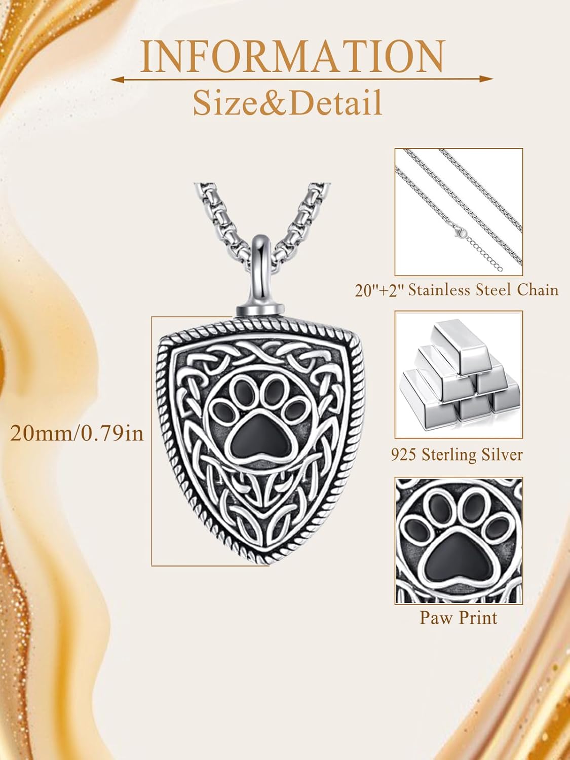 Pet Cremation Urn Necklace for Dog Cat Ashes 925 Sterling Silver Paw Print Keepsake Pendant Celtic Knot Memorial Jewelry for Women Men