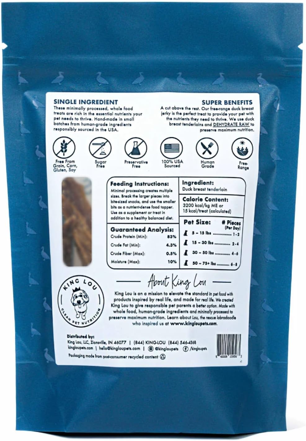 King Lou Pets Duck Jerky Treats – Single Ingredient Dehydrated Duck Breast – USA Made Cat & Dog Snack – High Protein Pet Treat – 1 lb (Prior to Freeze-Drying)