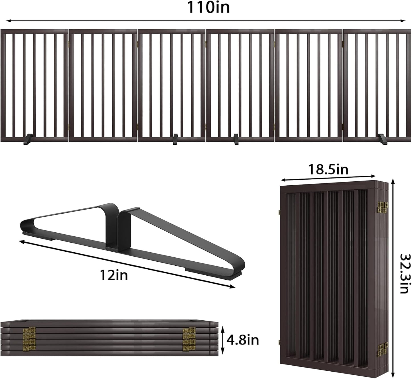 Dog Gate for Doorways 32" Tall Freestanding Dog Gate for Stair Foldable Pet Gate for Dogs Indoor (Brown,6 Panel)