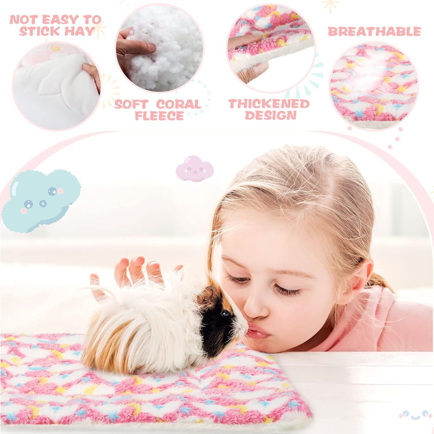 Tudomro 10 Pcs Guinea Pig Bed Mat with Cleaning Dustpan Brush 15" x 11" Animal Bedding Fleece Bunny Sleeping Pad for Small Dogs Cats Rats Hedgehogs Ferrets Hamster Indoor (Heart Star)