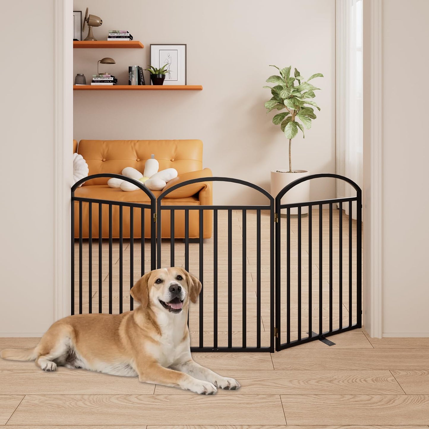 3 Panles Full Matel Freestanding Dog Gates with Door, 72"Extra Wide 32"Tall Free Standing Dog Pet Gate for Indoor & Outdoor. Foldable Pet Fences for Doorways, House, Stairs, Porch, Deck, Yard
