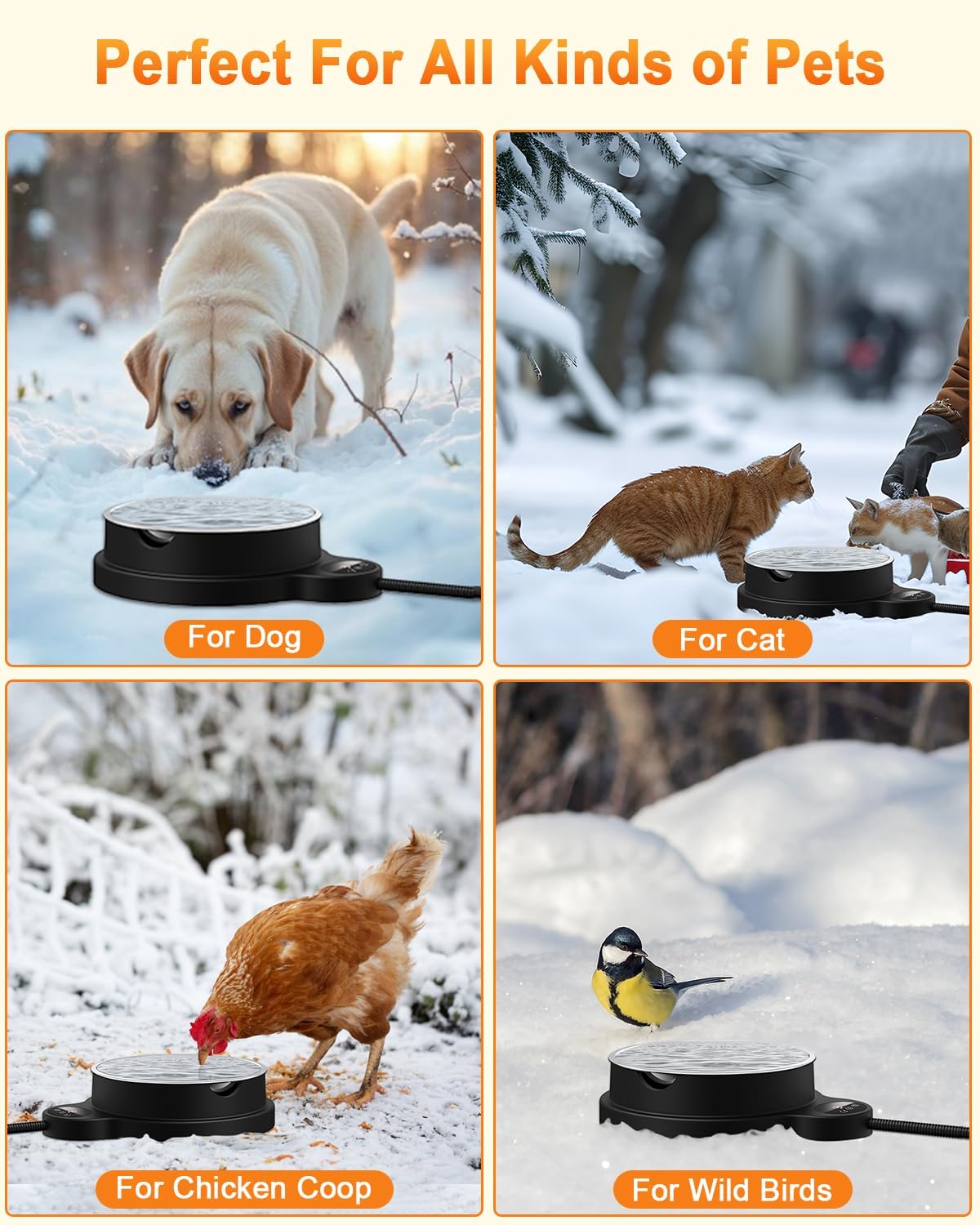 Heated Water Bowl for Dog & Cat, 3 Temperature Settings & 12H Timer, Outdoor Heated Pet Bowl with BPA-Free and 50oz Removable Stainless Steel Bowl, Anti-Chew Cord, for Chickens, Ducks, Birds