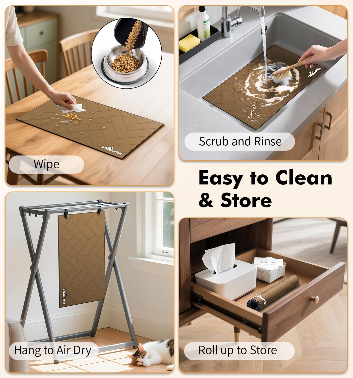 Pet Food Mat Absorbent Cat Food Mat Dog Mat for Food and Water Quick Dry No Stains Dog Feeding Mat Placemat for Messy Drinkers Cat Food Mats for Indoor Cats Bowl Mat Pet Supplies 12"X20" Brown