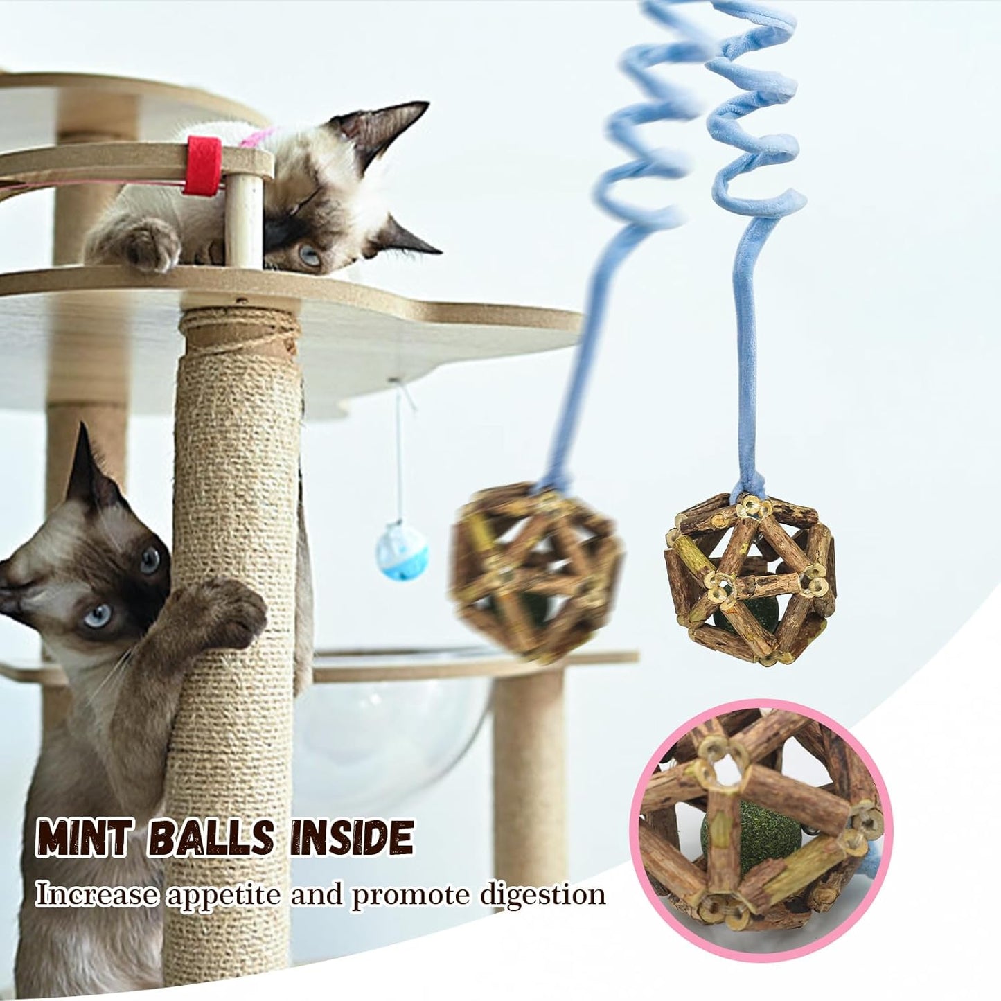 Hanging Retractable Catnip Cat Spring Toys,Fluffy Ball Cat Toys with Bell,6 Pack Hanging Interactive Teaser for Indoor Kittens,Promotes Exercise, Chase & Play, Kitten-Safe Bouncy Fun (Ball)