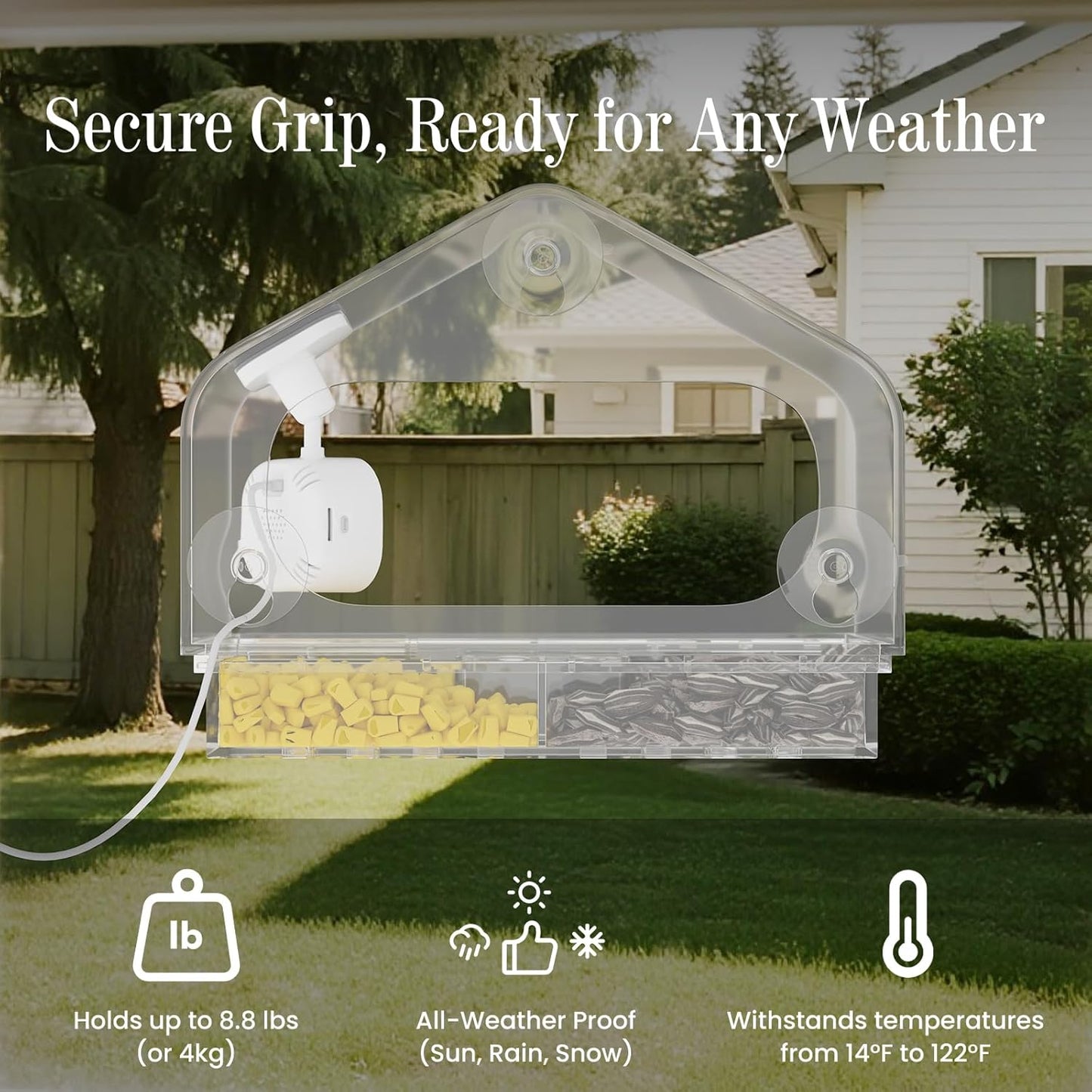 Smart Window Bird Feeder with Camera, 24/7 Powered for 2K HD Live View & AI Species ID, Wild Bird House with 3 Strong Suction Cups, Gift for Bird Watchers (Clear)