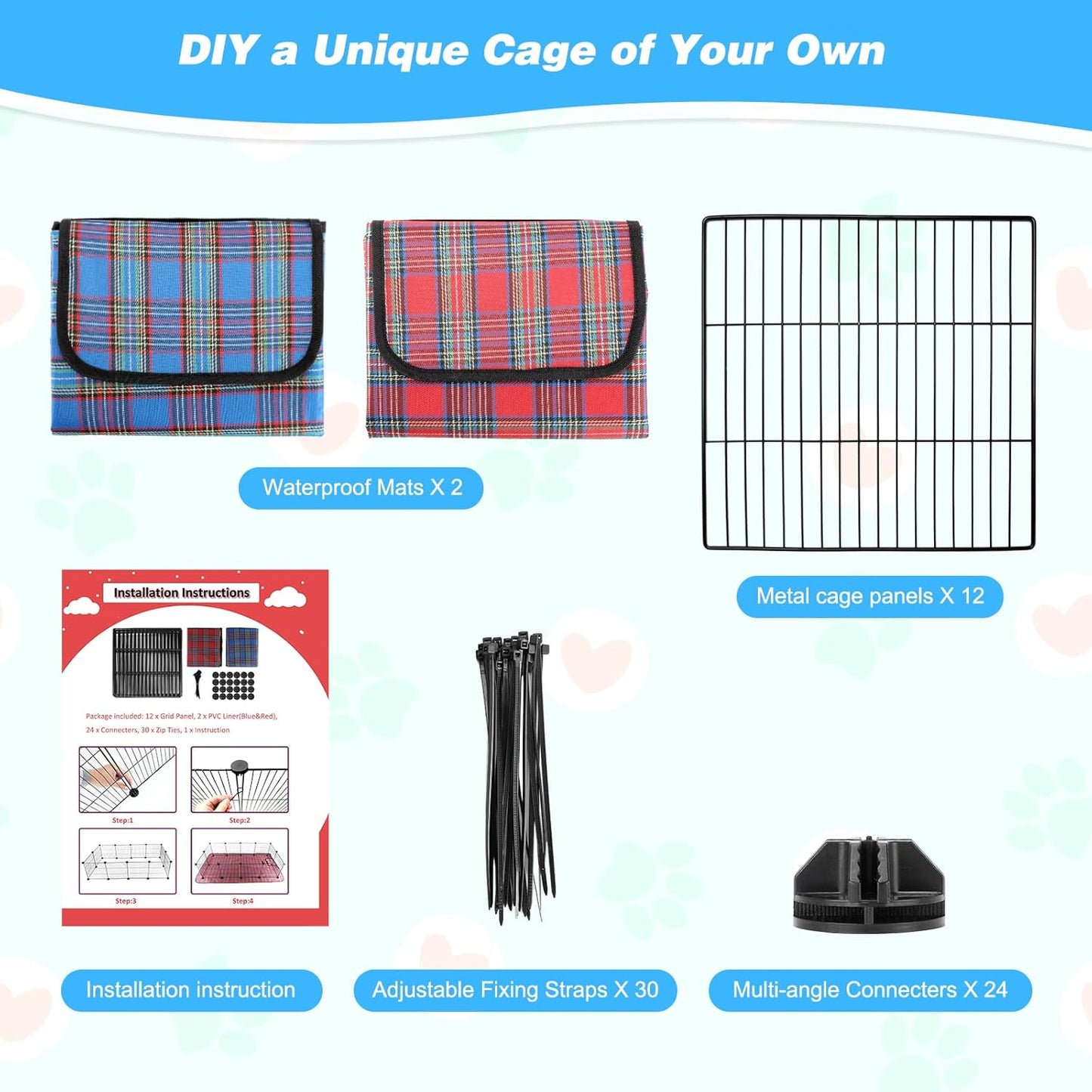 Pet Playpen with Mat, Small Animal Cage with Mat, Guinea Pig Cages, Puppy Pen for Indoors with Colorful Mat, 12 Panels Interior Metal Wire Yard Fence
