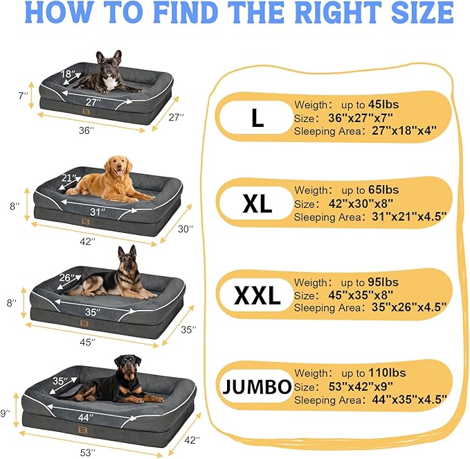 Washable Orthopedic Large Dog Bed - Removable Orthopedic Foam Dogs Beds with Bolsters Waterproof Large Dog Bed and Non-Slip Bottom Extra Large Dogs Beds Sofa