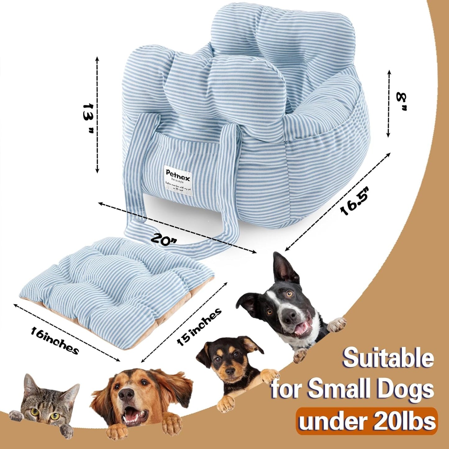 Dog Car Seat for Small Dogs, Portable Puppy Car Seat of Easy Installation, Fashionable Pet Carrier Bag with Large Pockets, Machine Washable Dog Booster Seat (Striped Blue)