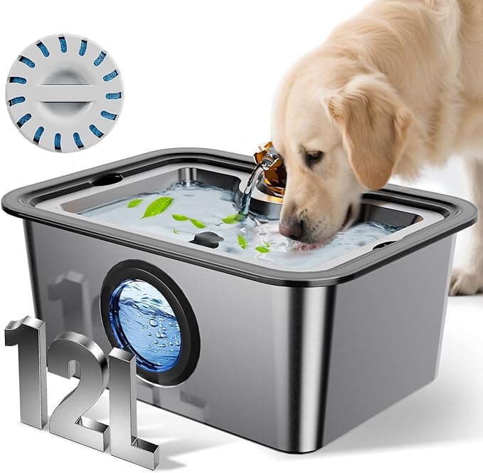 Dog Water Fountain for Large Dogs Stainless Steel 3 Gallon Big Pet Drinking Fountain with Filter, Electric Cat Watering Dispenser with Large-Filtration Area & Deeper Drinking Super Quiet