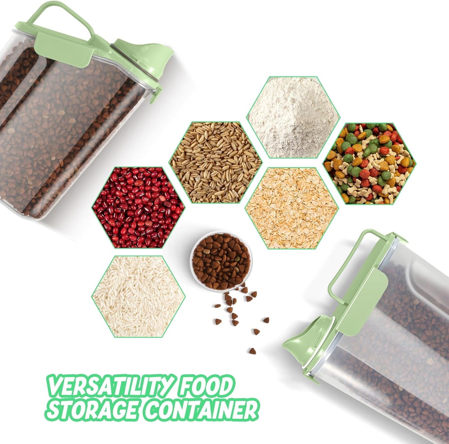 Dog Food Storage Container, Upgraded Large Nozzle BPA-free, 3-5 LBS Plastic Pet Food Storage Containers, With 4 Sealed Clasps, 1 Measuring Cup and Handle (Avocado Green (3L+5L))