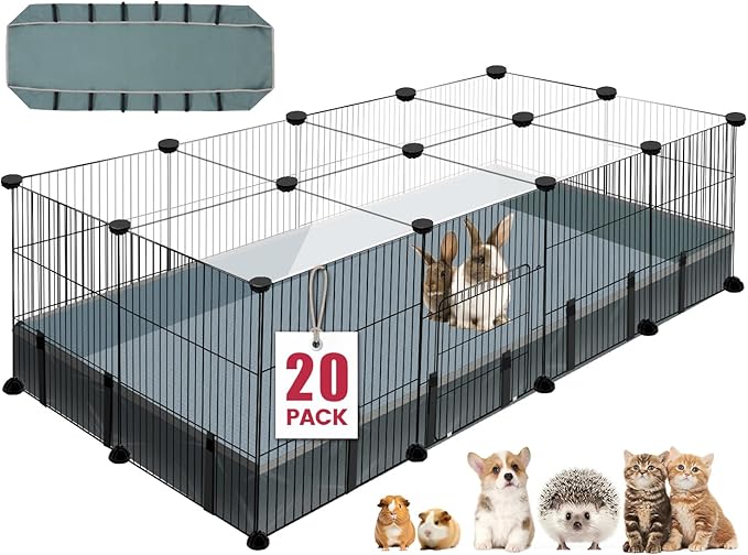 20 Panels Small Animal Playpen, 48" x 24" x 16" Pet Playpen with Waterproof Mat, C&C Cage for Guinea Pigs, Rabbit/Bunny/Baby Chicken Cage,Bunny/Puppy/Chicken Pen Indoor Outdoor Portable Metal Fence