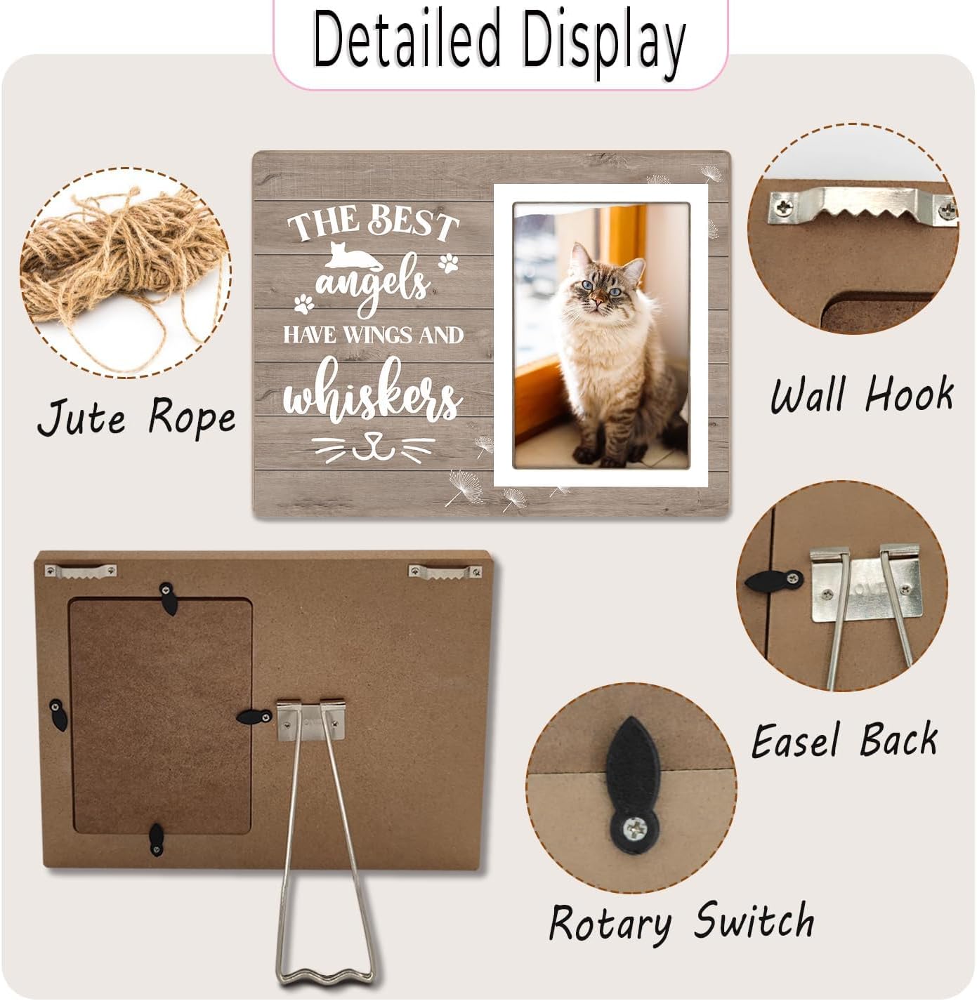 Cats Memorial Picture Frame,The Best Angels Have Wings and Whiskers,Wooden Pet Remembrance Gift for Cat Owners, Sympathy Gift for Loss of a Cat(4 x 6 Photo)