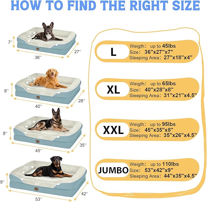 Orthopedic Foam Large Dog Bed XLarge Dog Bed with Removable Washable Cover Pet Beds with Bolster Waterproof Cover Large Size Dogs