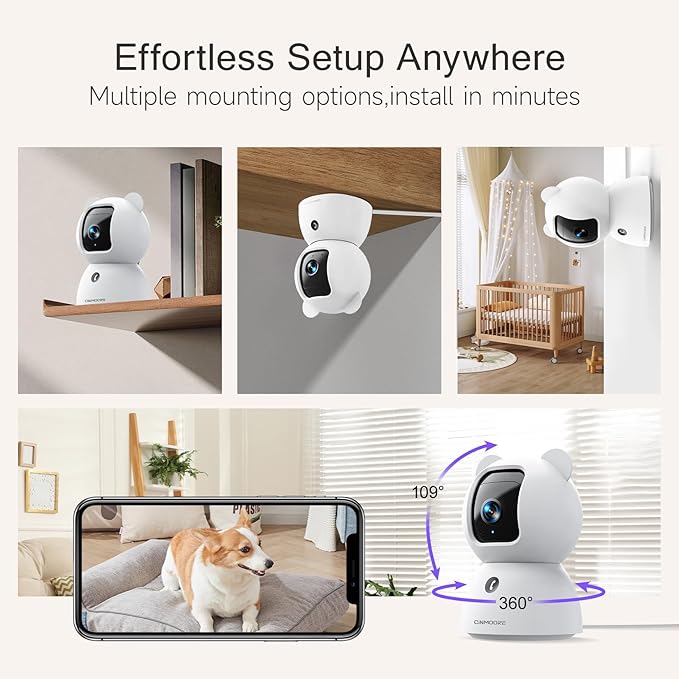 2.5K Security Camera Indoor, Non-Subscription AI Person/Pet/Cry Detection, 4MP Pet/Dog/Cat Camera w/Phone App, Pan Tilt 2.4GHz WiFi Cameras for Home Security, Full Duplex 2-Way Audio, IR Night Vision