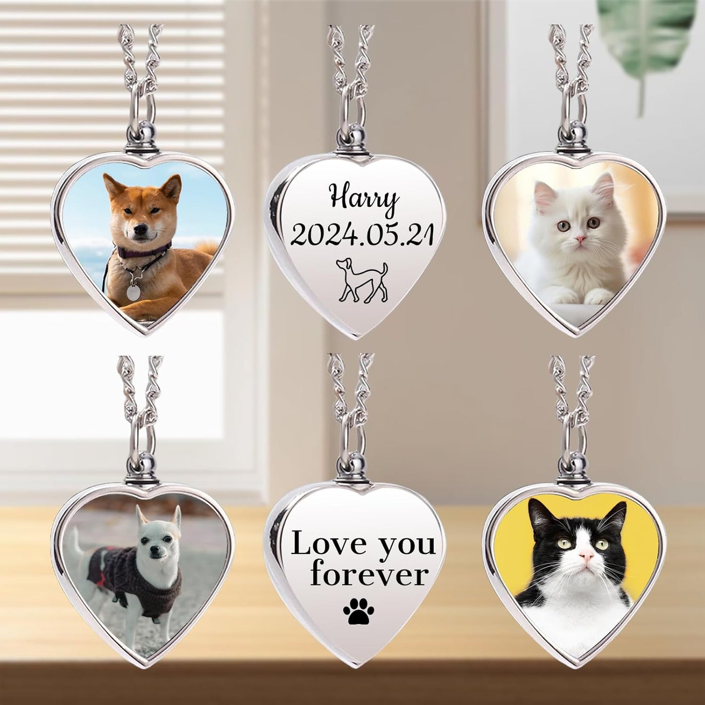 Personalized Pet Urn Necklace for Dog Ashes Custom Engraving Photo Text Pet Cremation Jewelry Customize Memorial Gift for Pet Dog Cat Ashes Necklace (01-Heart)