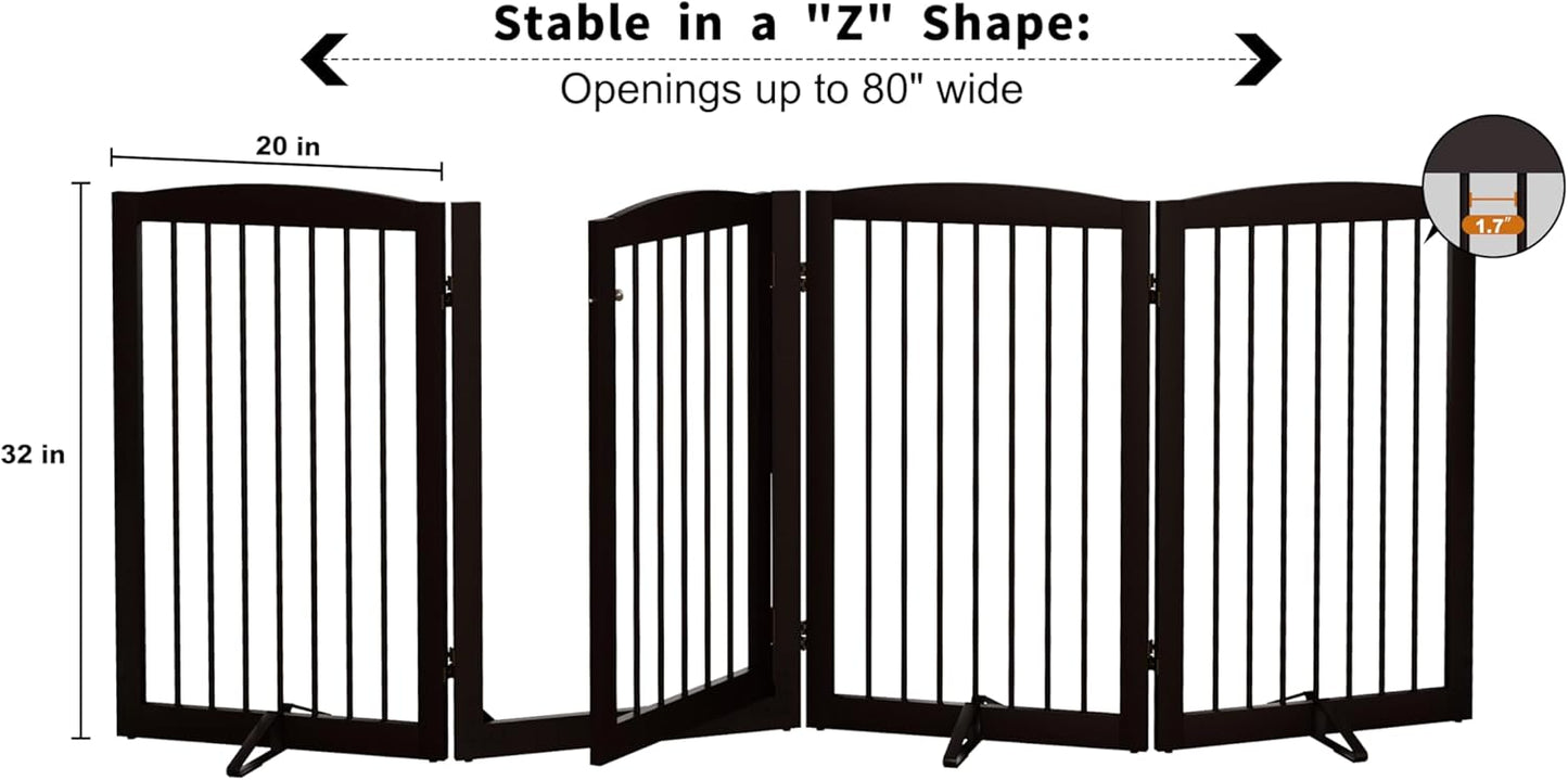 Freestanding Dog Gates with Door Walk Through, 80 inch Wide Gates Indoor, Dog Fences Indoor, Support Feet Included, 4 Panels, 32" Tall, Dark Brown