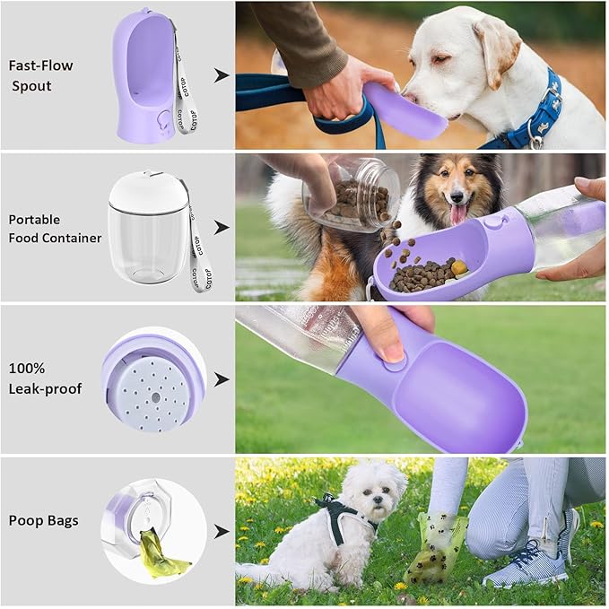 20oz Dog Water Bottle with Food Container & Poop Bag Dispenser | Leak-Proof Portable Pet Water Dispenser with Carabiner Clip | for Walking, Hiking, Travel