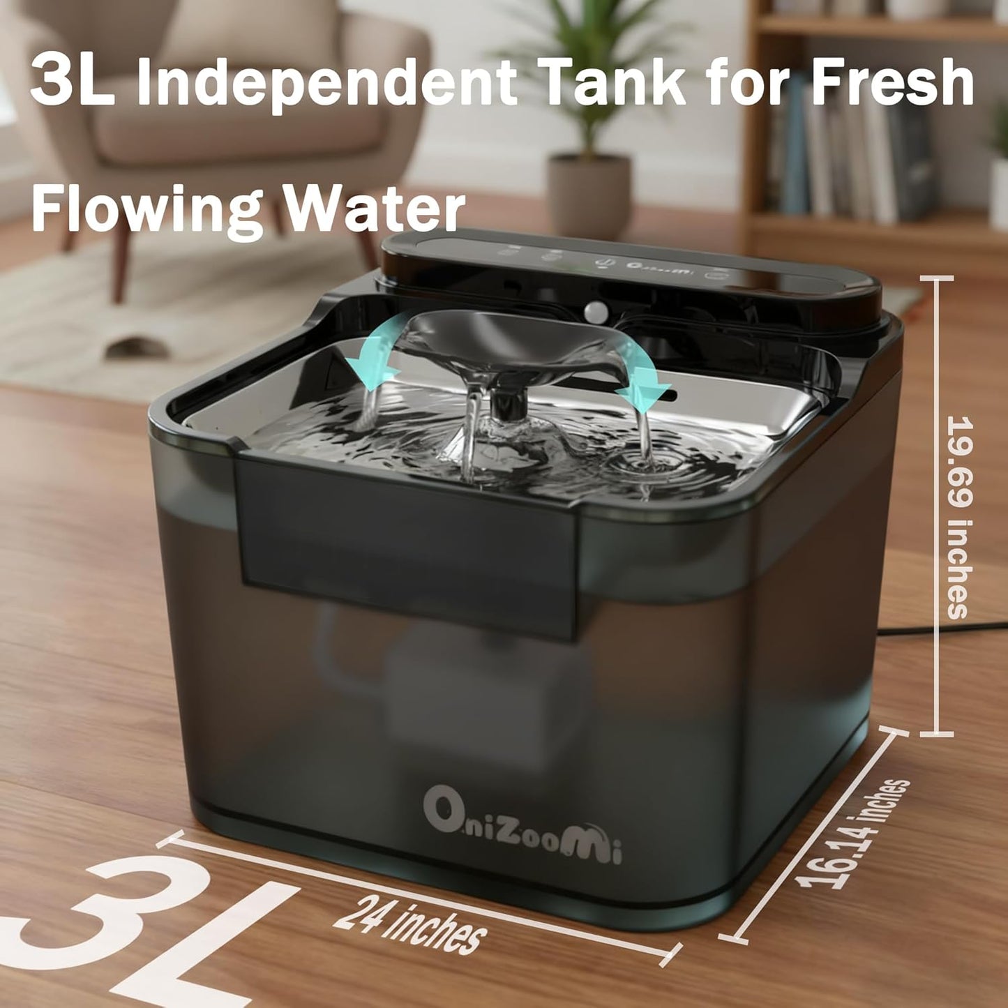 Pet Water Fountain for Cat and Dog - Rechargeable Battery Operated Automatic Water Dispenser 3L with Steel Dish and Replacement Filter - Quiet Wireless Auto Kitty Drinking Fountain