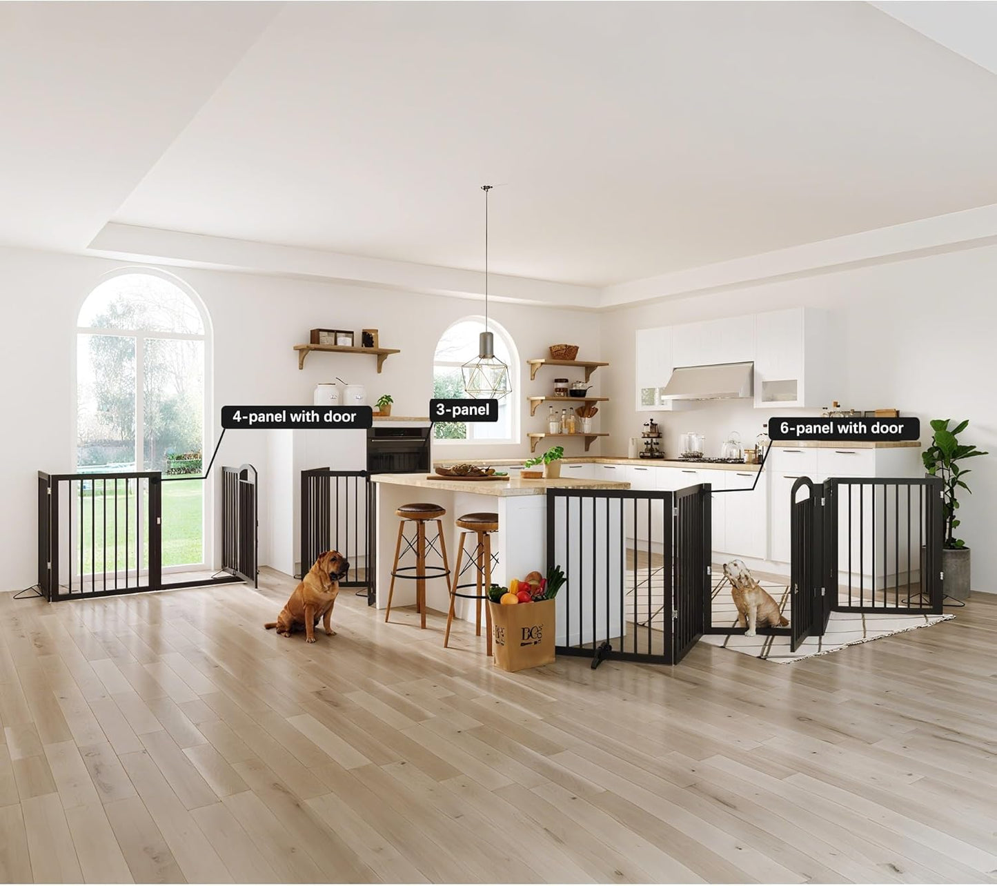 JSB 192-inch Extra Wide 30-inch Tall Dog gate with Door Walk Through,Full Matel Freestanding Round Tube Pet Gate for Halls Stairs, Puppy Safety Dog Fence with 4PCS Support Feet (Black)