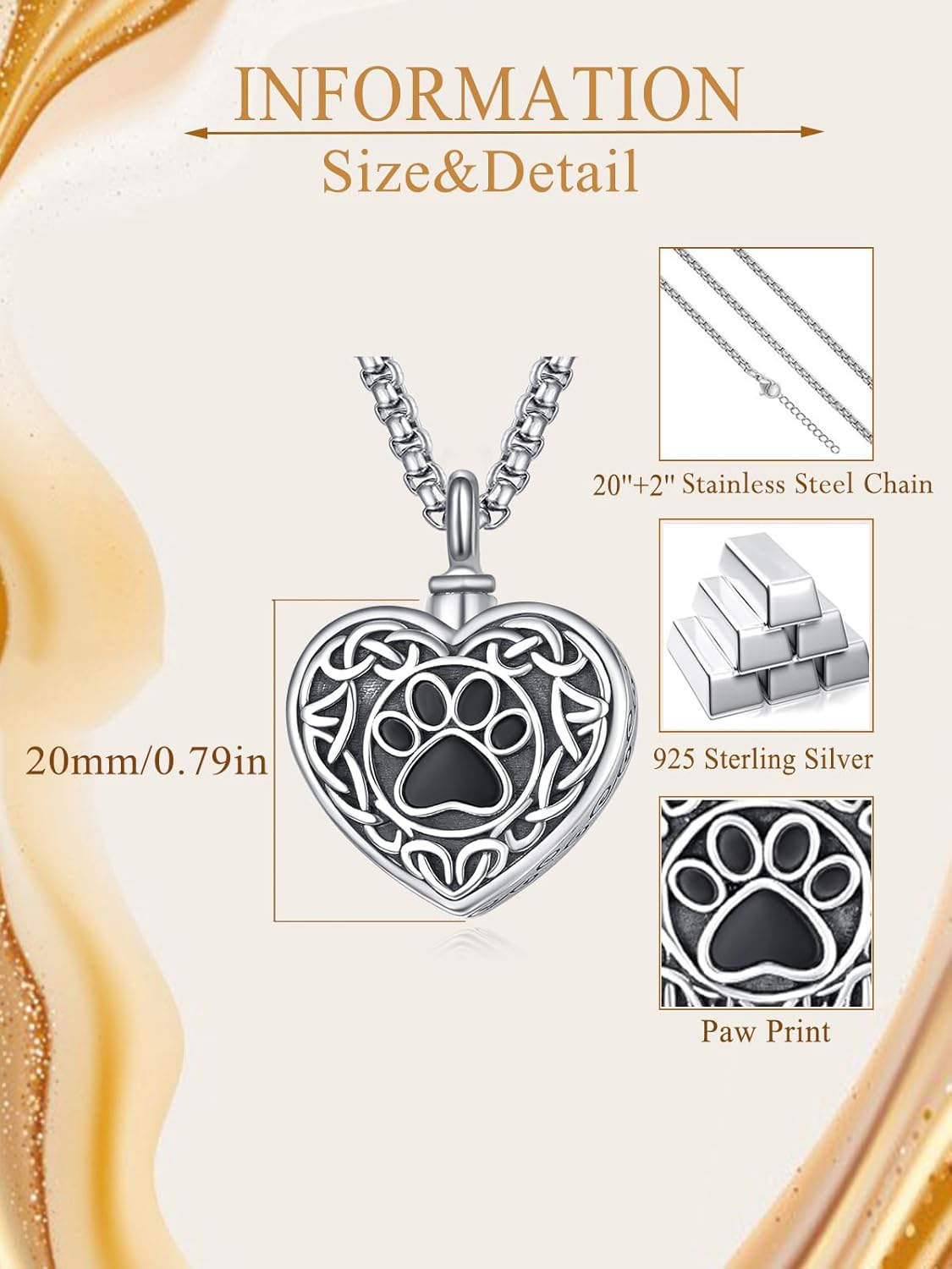 Pet Cremation Urn Necklace for Dog Cat Ashes 925 Sterling Silver Paw Print Keepsake Pendant Celtic Knot Memorial Jewelry for Women Men