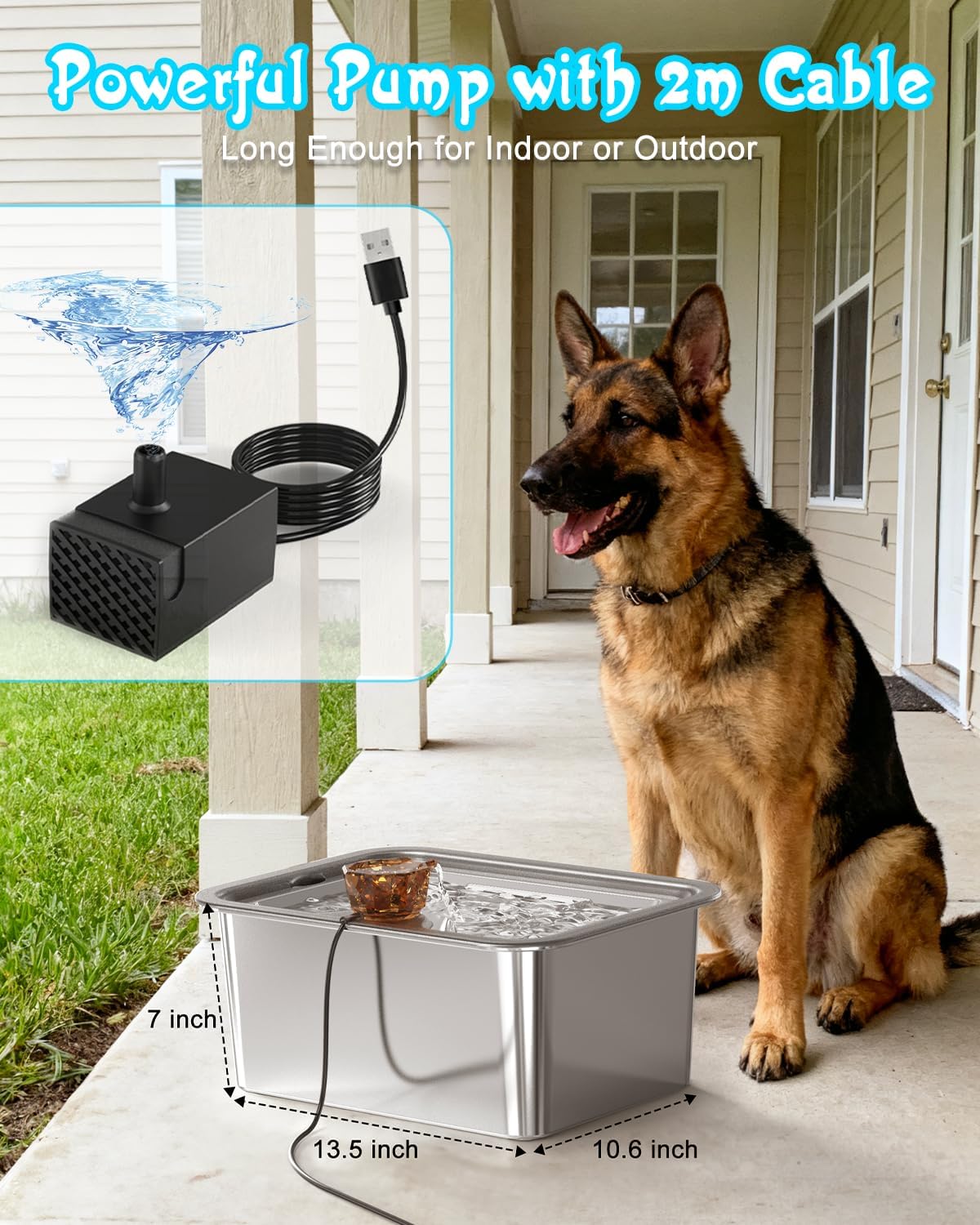 Dog Water Fountain for Large Dogs, 12L Stainless Steel 304 Pet Water Fountain, Cat Drinking Dispenser, Size:13.5 * 10.6 * 7inches, Smart Quiet Pump and Easy to Clean