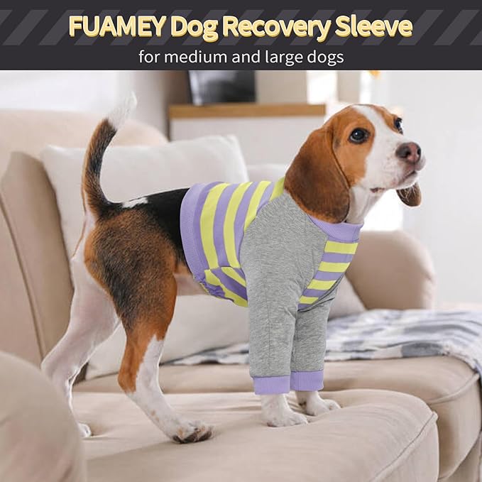 FUAMEY Dog Recovery Sleeve with Elbow Protector,Dogs Shirt Stop Licking Joints,Pet Long Sleeve Suit Protecting Dog's Front Leg Arm Wounds Cover Skin Conditions Purple Stripes 2XL