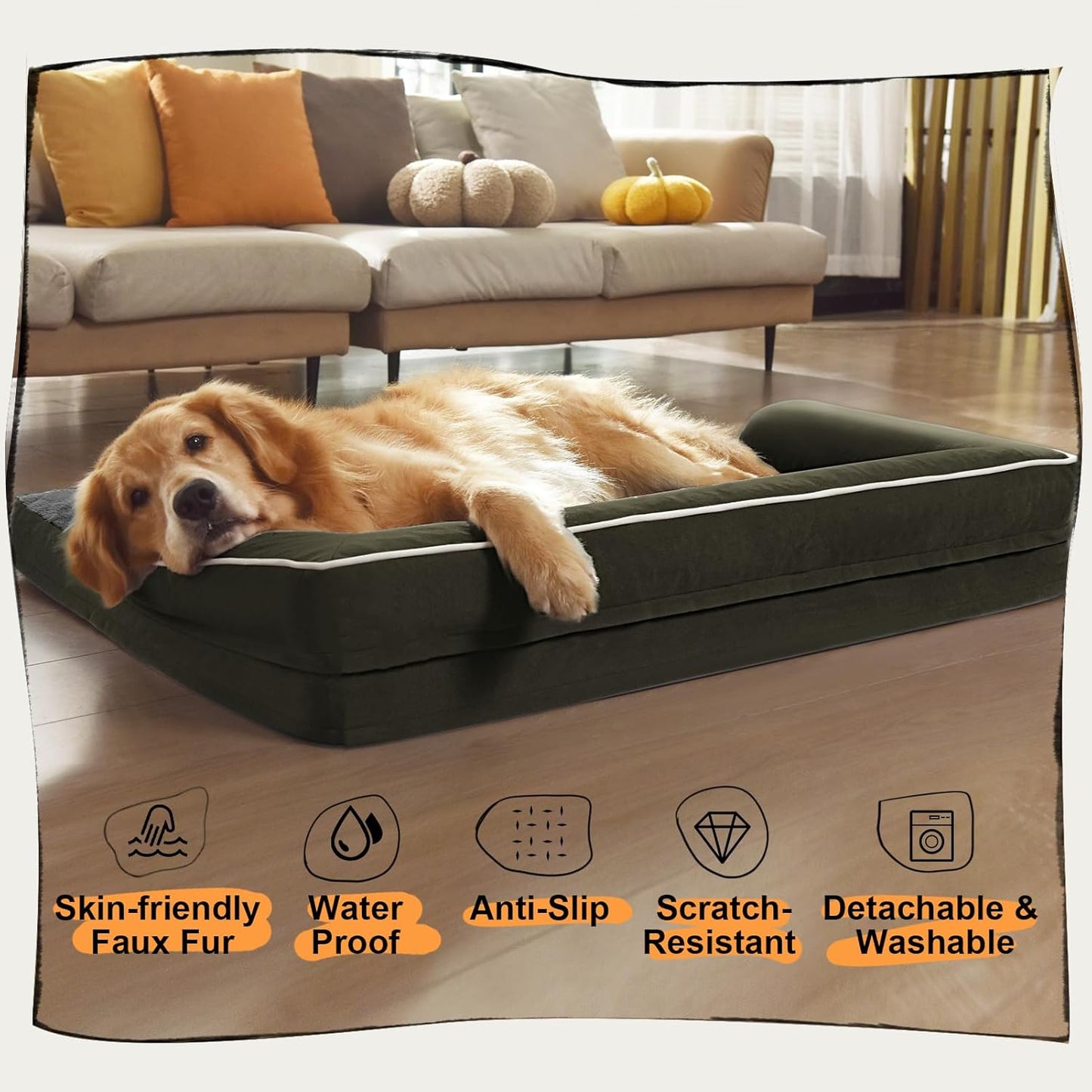 Dog Bed Medium Size Dog-Orthopedic Waterproof Bed for Dogs,Foam Couch Sofa with Washable Removable Cover & Non-Slip Bottom-Dark Green