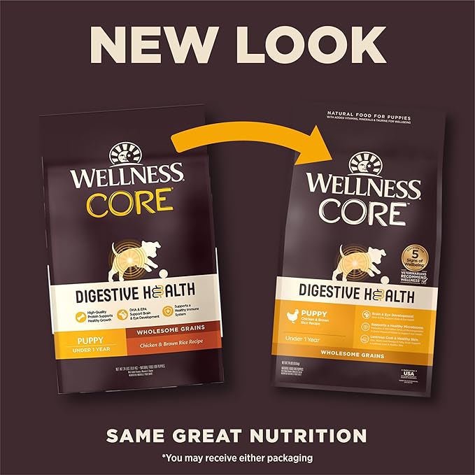Wellness CORE Digestive Health Puppy Dry Dog Food, Wholesome Grains, Natural, Recipe for Dogs with Sensitive Stomachs, Recipe, (24-Pound Bag)