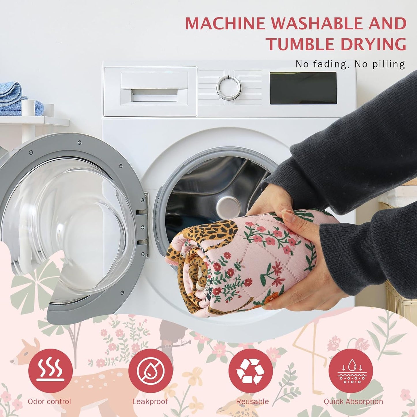 IEUUMLER Washable Pee Pads for Dogs, 2 Pack Forest Pattern Reusable Waterproof Puppy Pads, Non-Slip Super Absorbent Dog Training Pad for Playpen Crate Bed EU013 Pink Jungle, 24x24