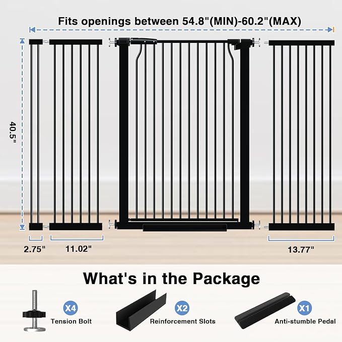40.55" Extra Tall Baby Gate for Stairs-54.8"-60.2" Wide 1.37" Ultra Narrow Spacing Extra Wide Pet Cat Gate Dog Gate-Auto-Close Pressure Mounted Dog Door for Pets and Kids,Black