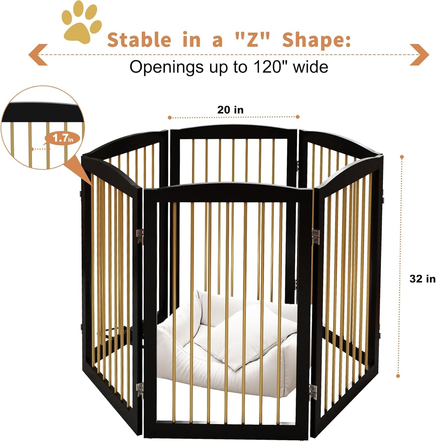 Freestanding Pet Gate for Dogs, Indoor Wooden Dog Gate for House, Extra Wide Foldable Dog Gate for Stair, Doorway, Hall, Support Feet Included, 120 Inch Wide, 6 Panels 32",Black&Gold