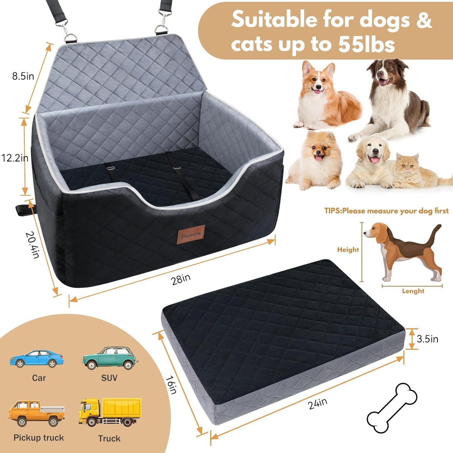 Dog Car Seat for Large-Medium Dogs: Pet Car Seat, Detachable Washable Dog Booster Seat, Pet Travel Bed with Storage Pockets and Dogs Safety Belt (Black, Large)