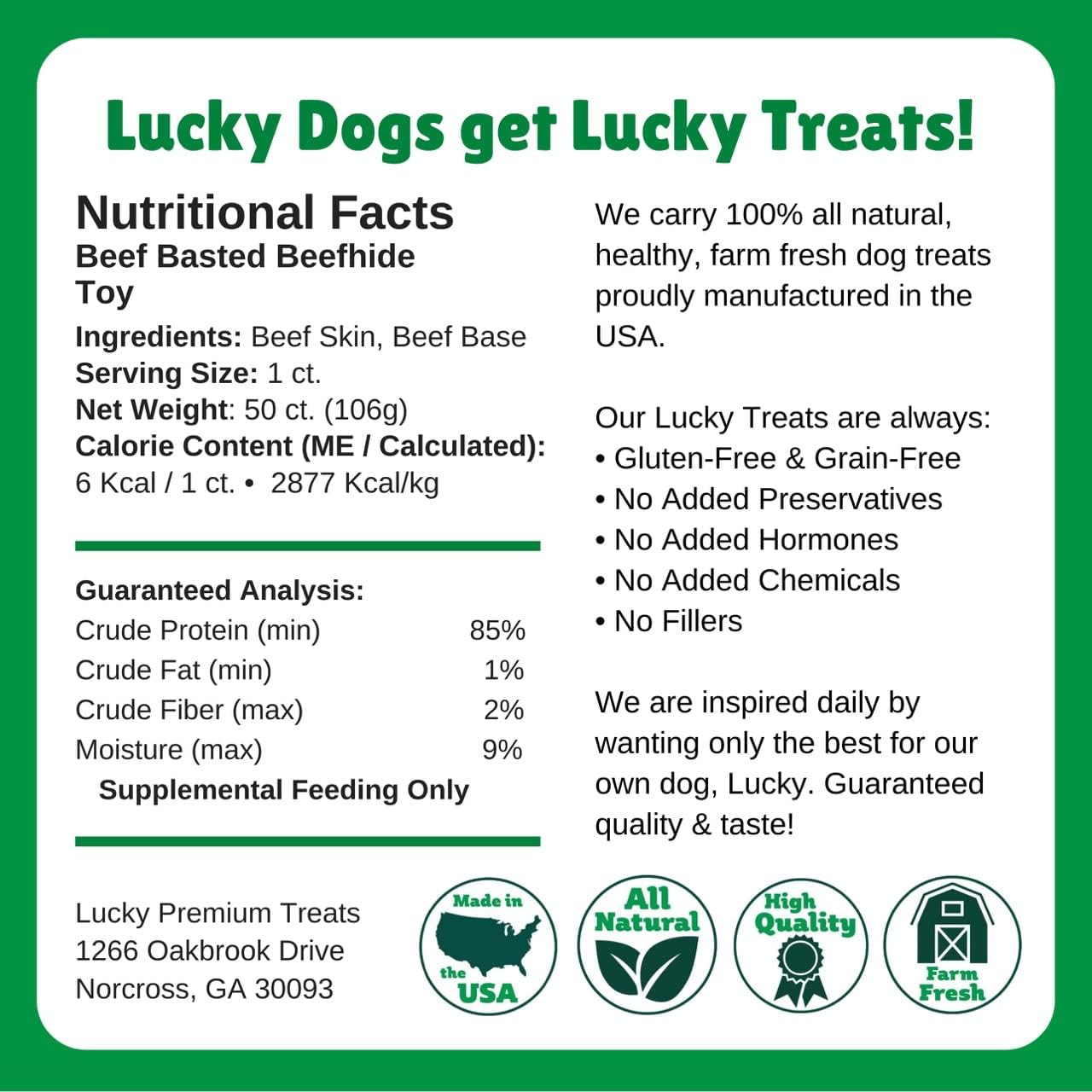 Lucky Premium Treats Beef Basted Rawhide – All-Natural Rawhide and Beef Dog Treats for Extra Small Dogs, Gluten Free Premium Toy Breed Dog Treats (50 Chews)
