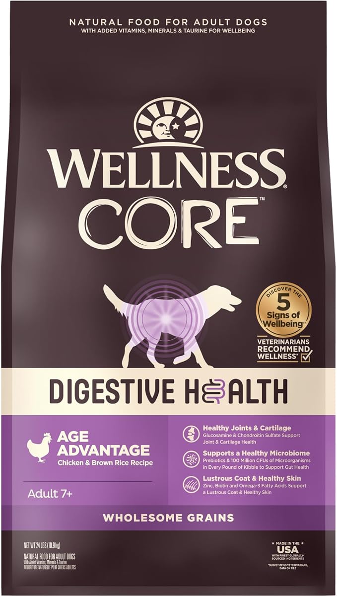 Wellness CORE Digestive Health Senior Dry Dog Food, Wholesome Grains, Natural, Recipe for Dogs with Sensitive Stomachs, Age Advantage Chicken & Brown Rice, (24-Pound Bag)