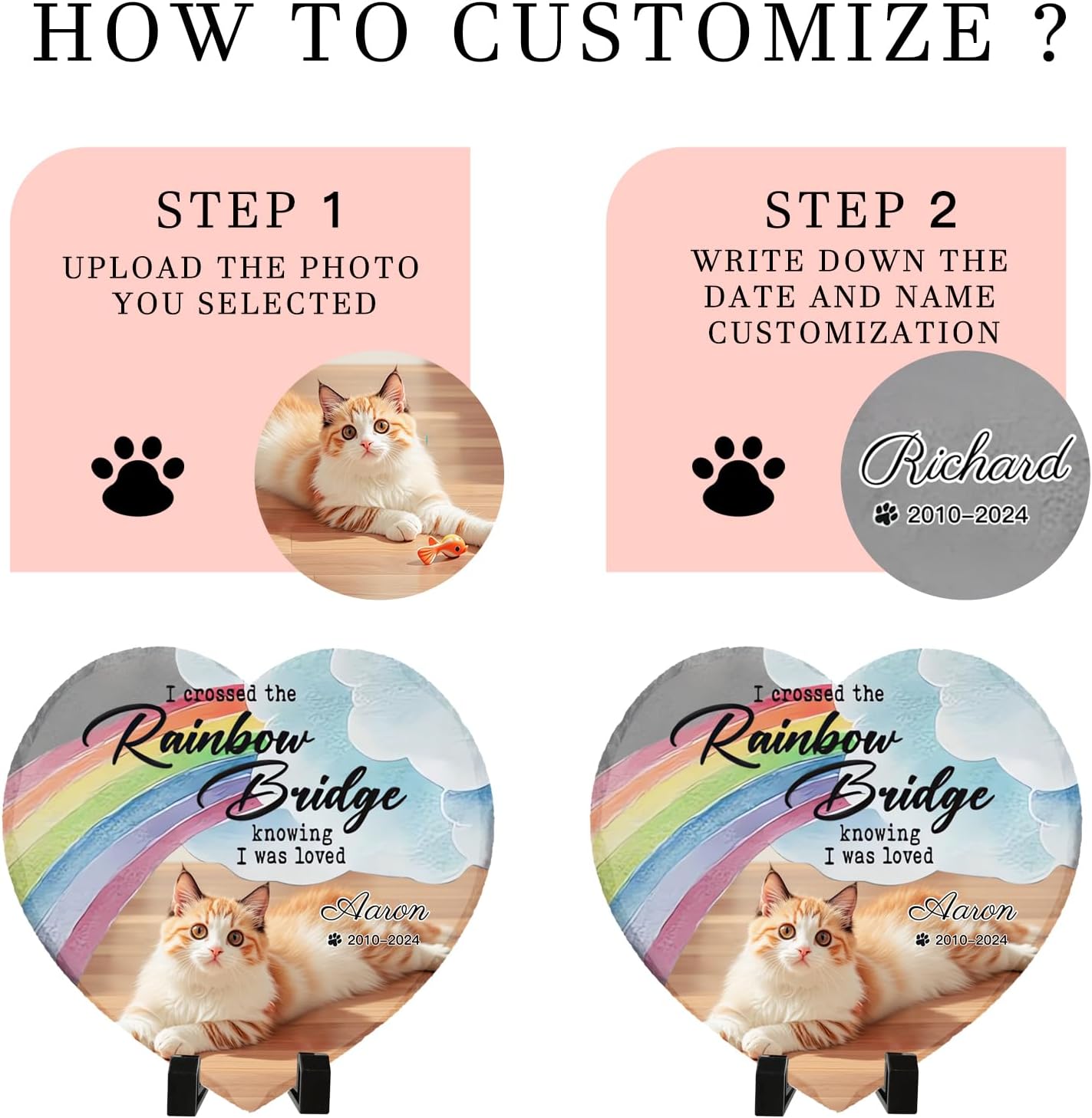 Personalized Pet Memorial Stone - Heart-Shaped Custom Cat Grave Marker with Engraved Name & Photo - Pest Grave Stone for Remembrance Dog/Cat Passing Away Sympathy Gifts (Style A)