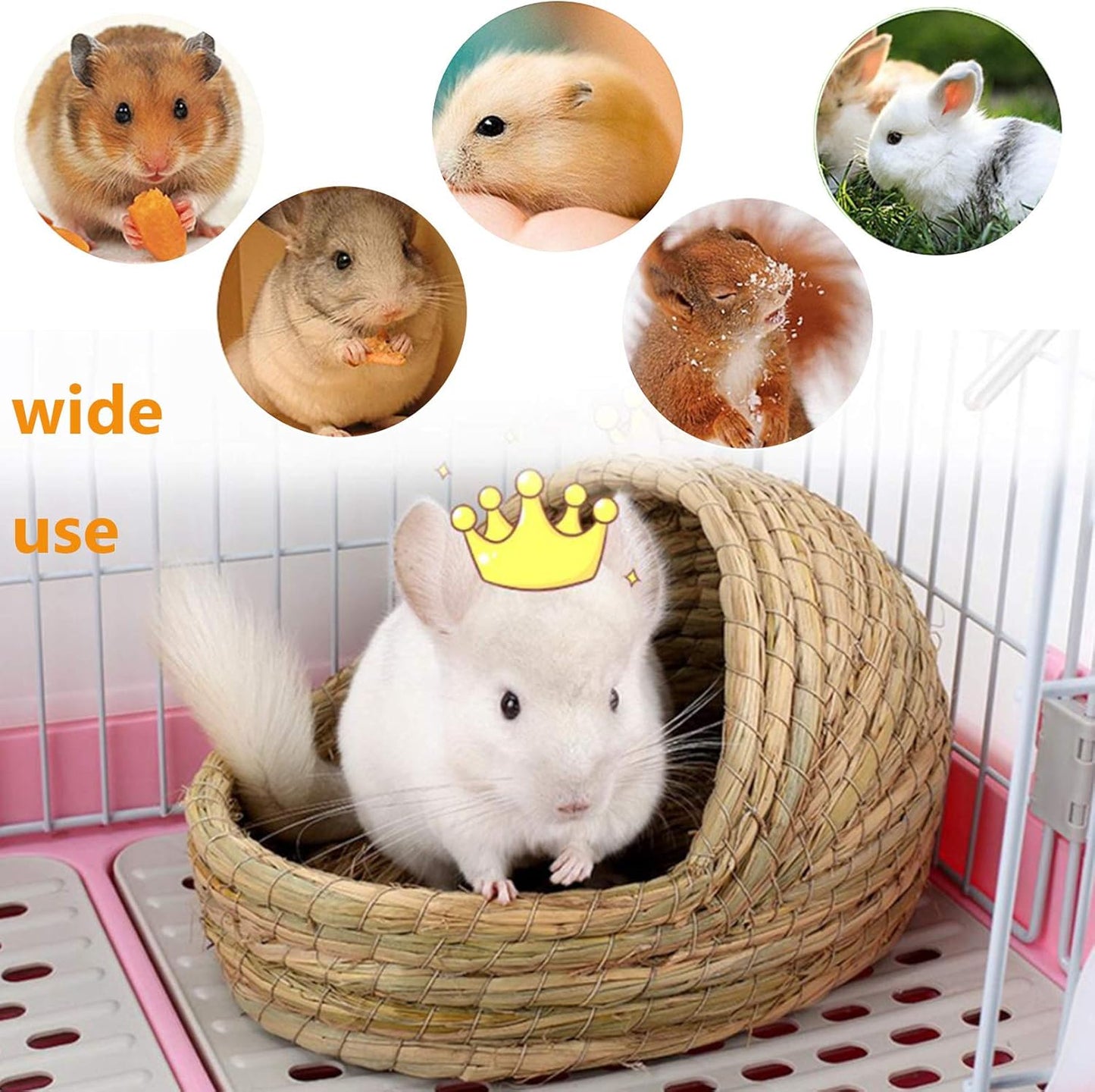 Hamiledyi Bunny Grass Bed, Rabbit Woven Hay Bed, Small Pets Natural Handcrafted Grass House with Hay Chew Balls for Chinchillas Guinea Pigs Hedgehog Rat 3PCS