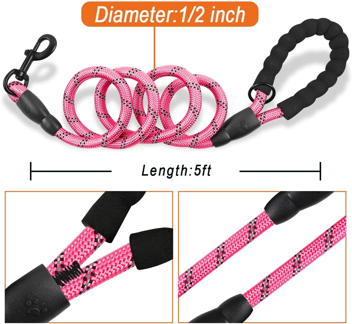 BARKBAY Dog Leashes for Large Dogs Heavy Duty Dog Leash 2 Pack 5 FT with Comfortable Padded Handle Highly Reflective Threads for Medium Large Dogs Walking Training Running (5FT-1/2,Pink+Black)