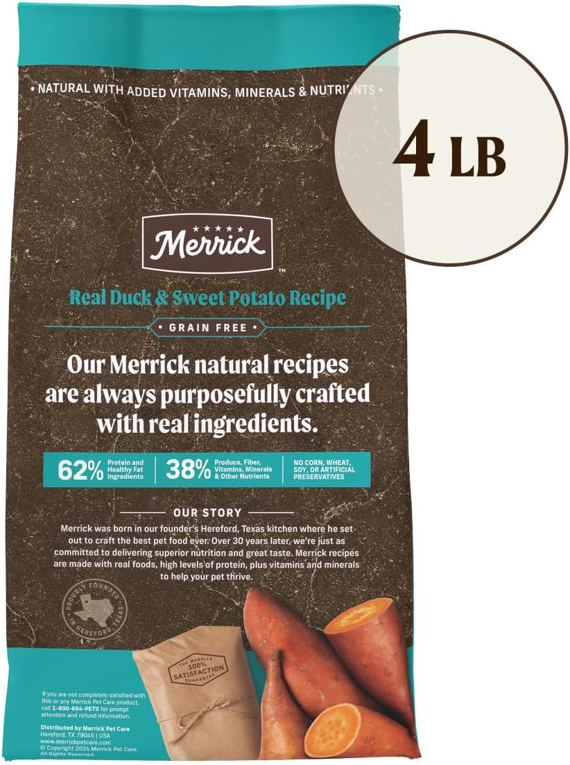 Merrick Premium Grain Free Dry Adult Dog Food, Wholesome and Natural Kibble with Real Duck and Sweet Potato - 4.0 lb. Bag